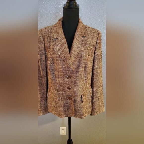 Escada Brown Mauve Tweed Blazer EU 42 Silk Linen Button Up Jacket - Picture 4 of 11